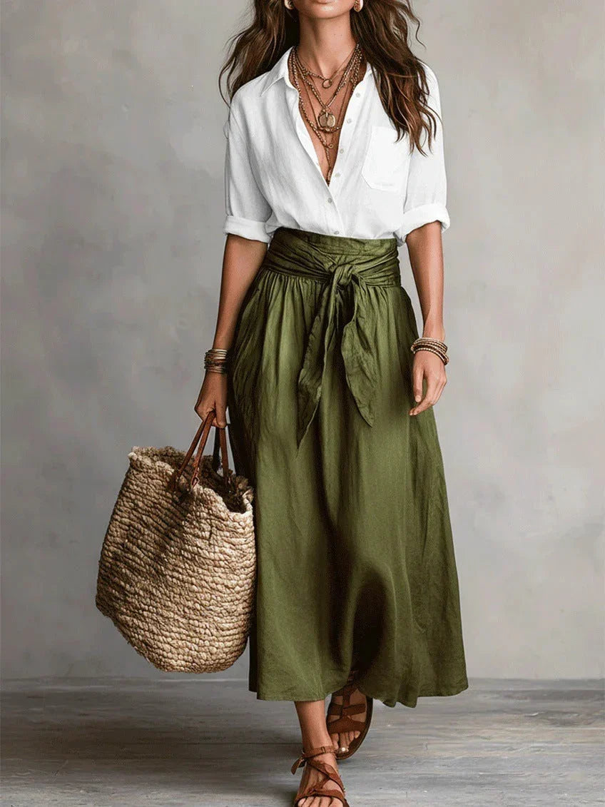 Elegant Two-Piece Set with Black Blouse and Midi Skirt