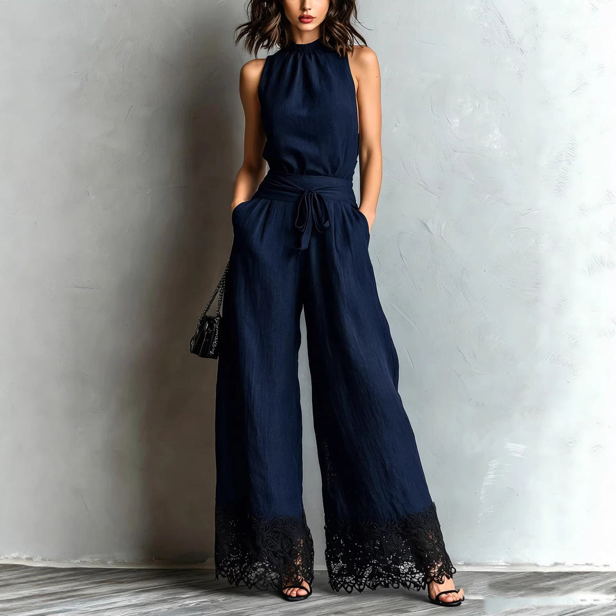 Halter Neck Lace-Trim Wide-Leg Belted Jumpsuit