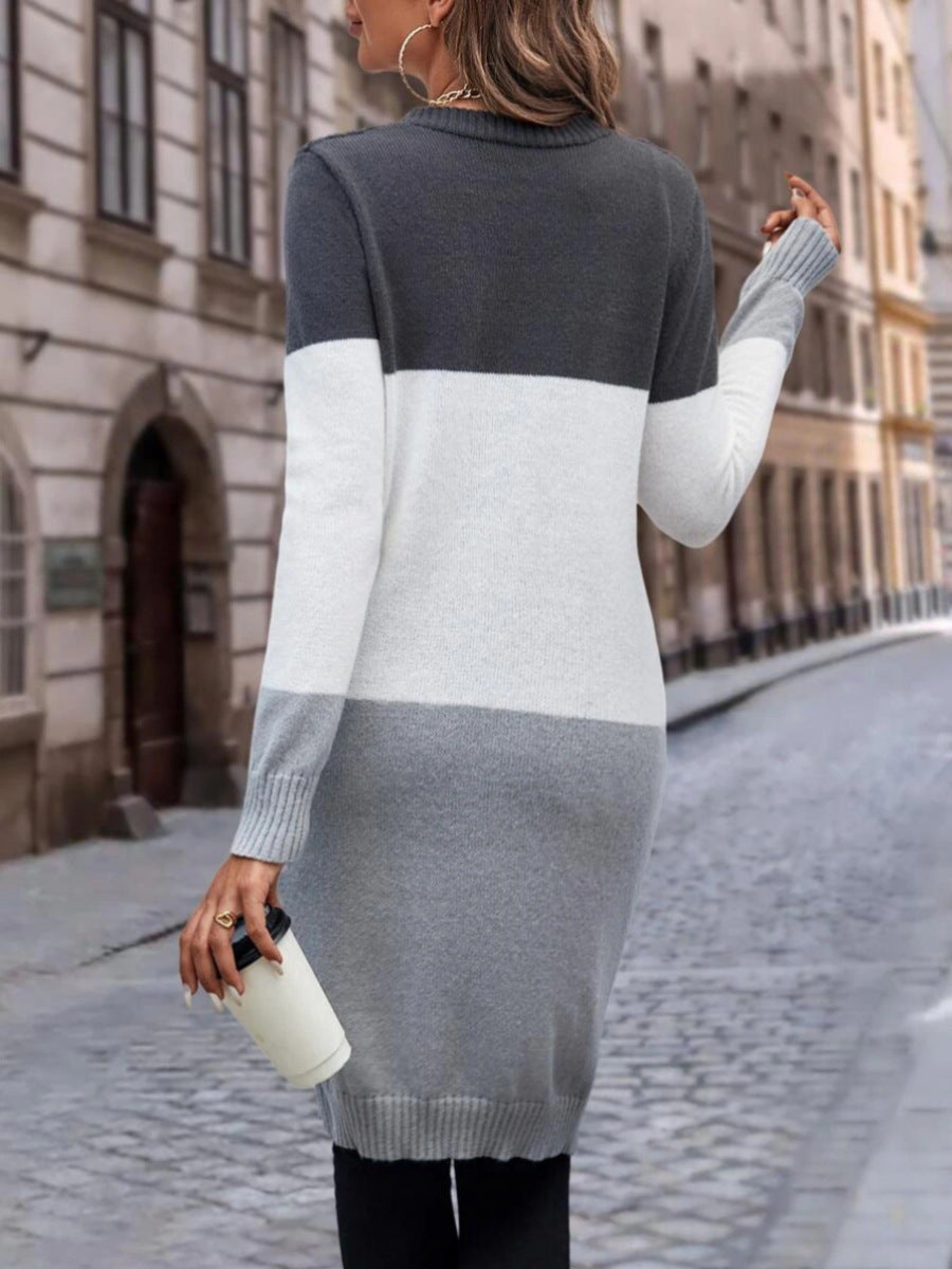 Cable Knit Longline V-Neck Cardigan with Colour Block