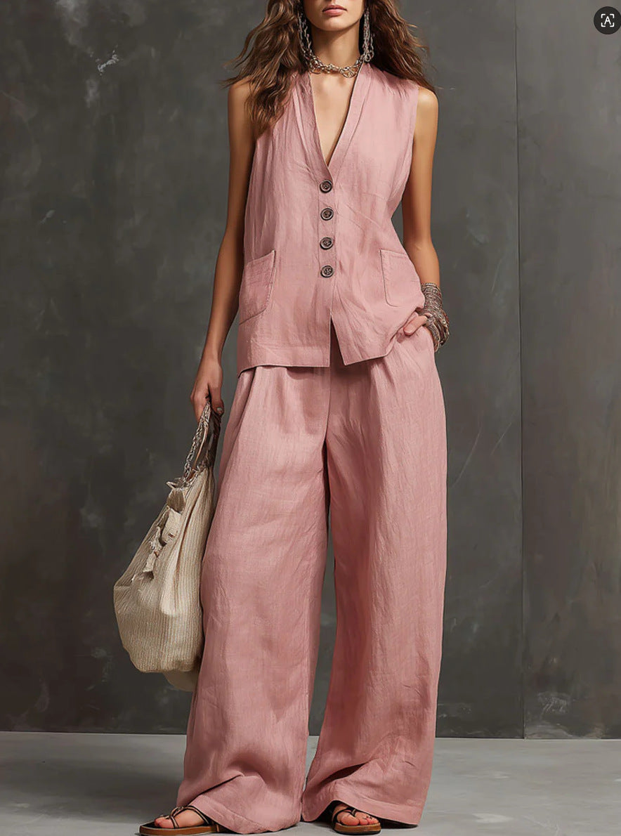 Two-Piece Set  with Sleeveless Vest and Wide-Leg Pants