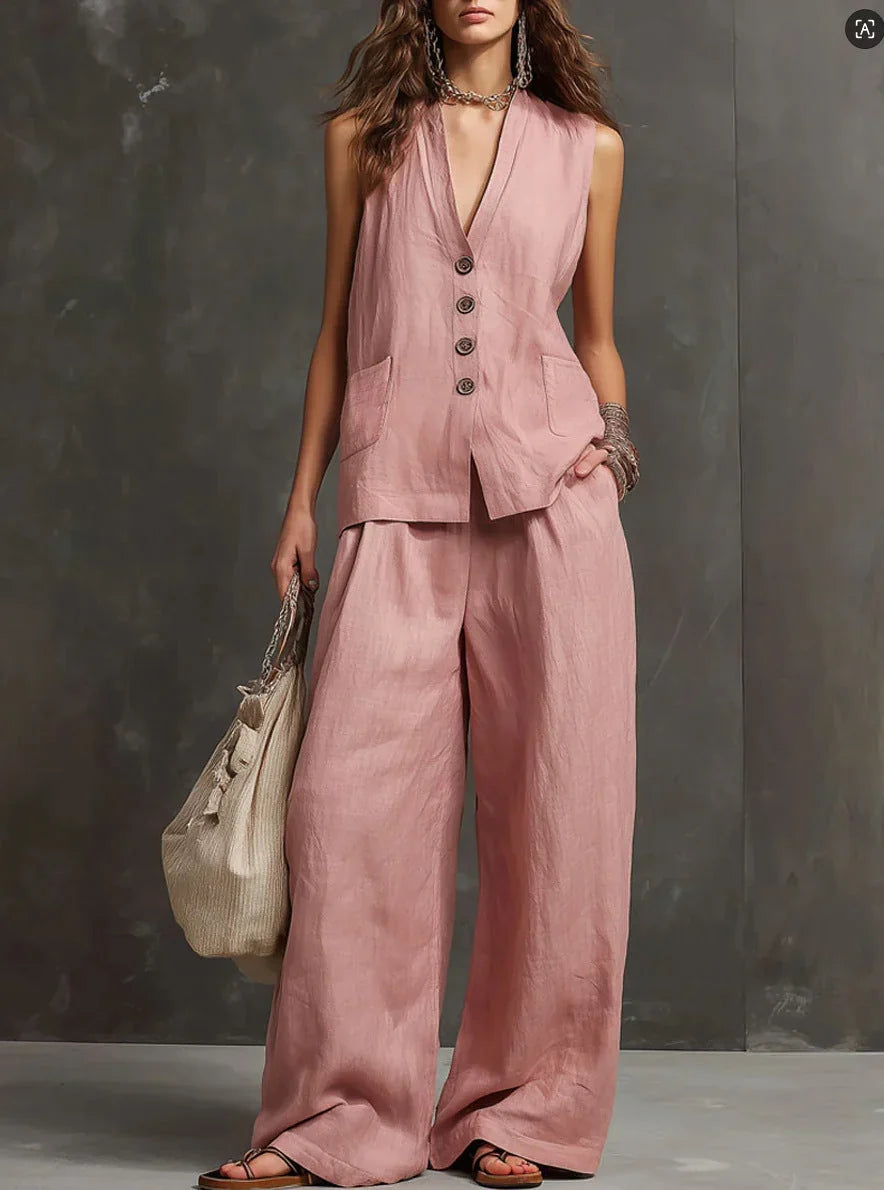 Naomi | Cotton-Linen Two-Piece Set with Sleeveless Vest & Wide-Leg Pants