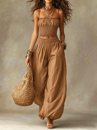 Women's Smocked Crop Top & Wide-Leg Pants Two-Piece Set