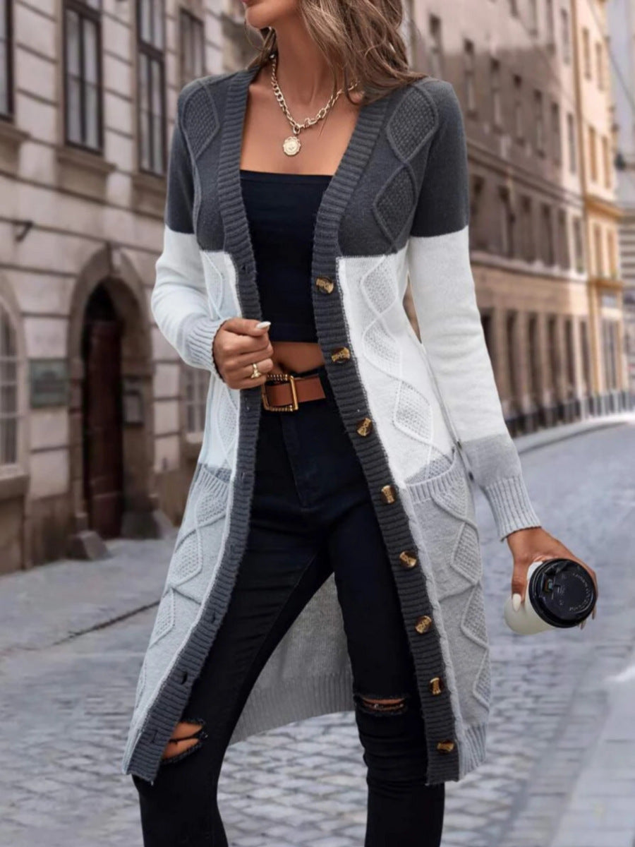 Cable Knit Longline V-Neck Cardigan with Colour Block