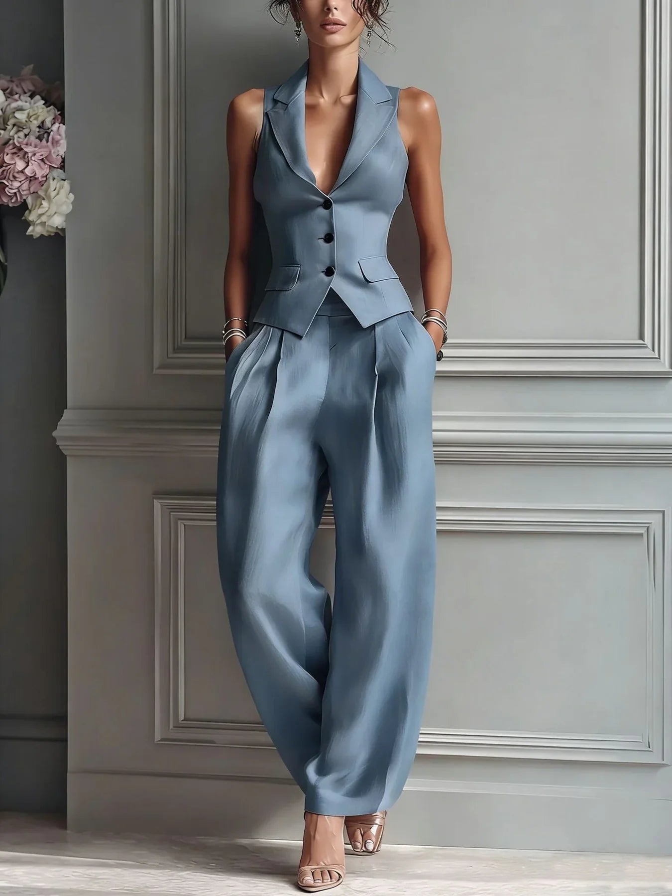 Maya | Two-Piece V-Neck Set, Button-Front