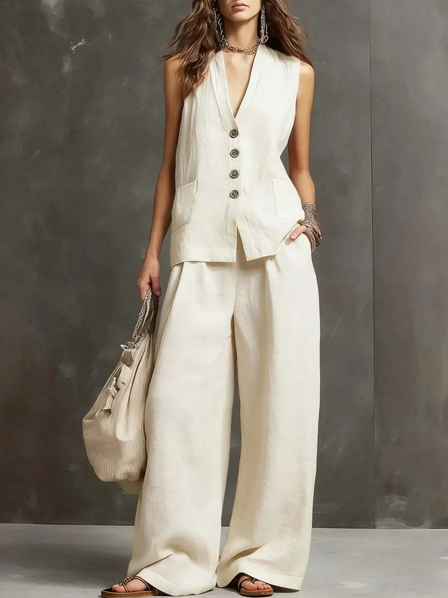 Two-Piece Set  with Sleeveless Vest and Wide-Leg Pants