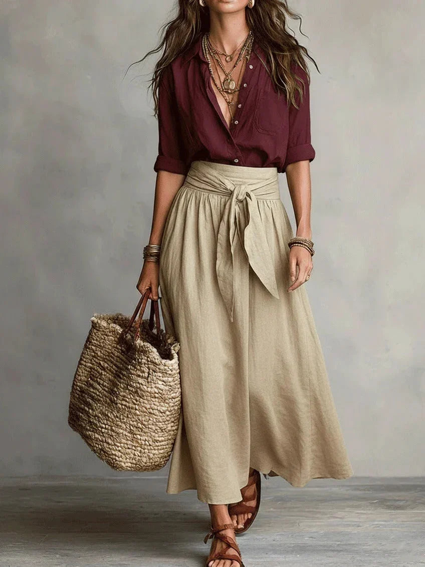 Elegant Two-Piece Set with Black Blouse and Midi Skirt