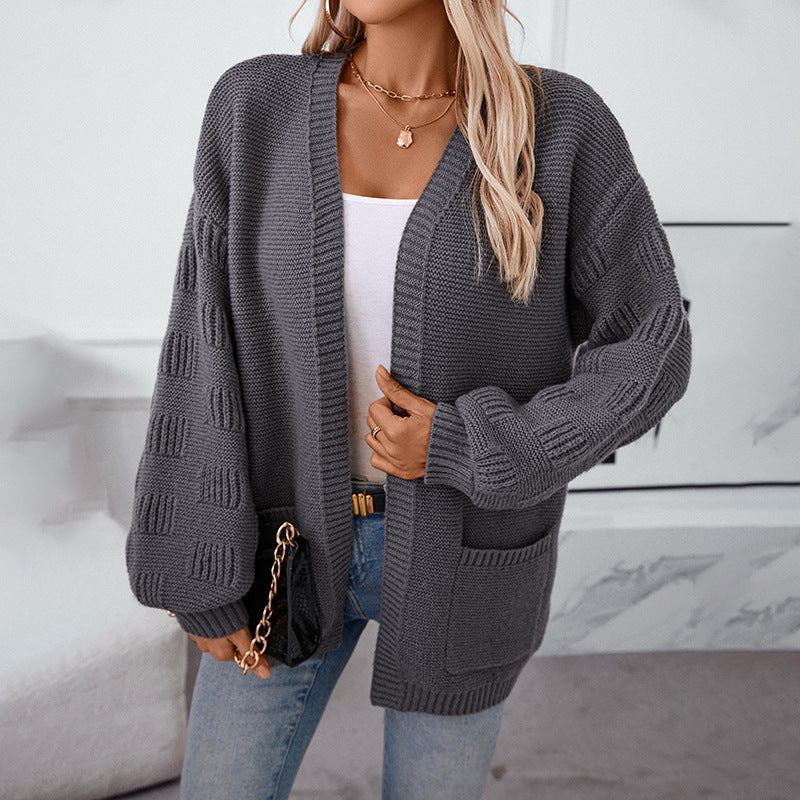 Loose-Fitting Solid Casual Cardigan with Long Sleeves