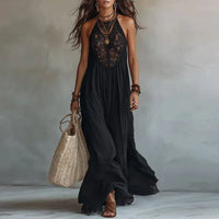 JADE | Lace Panel Halter Maxi Dress with Open Back