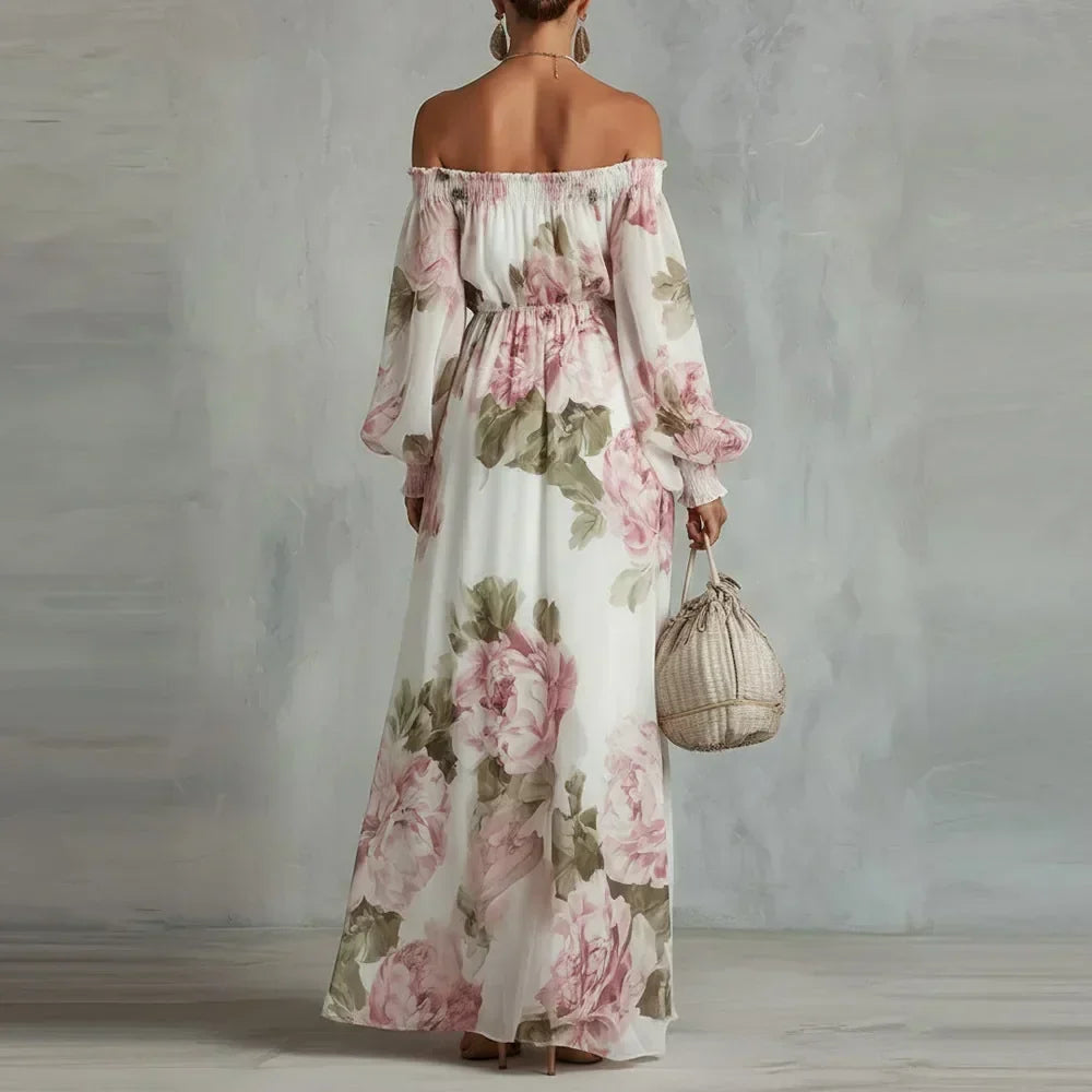 Payton | Elegant Off-Shoulder Floral Maxi Dress with Long Sleeves
