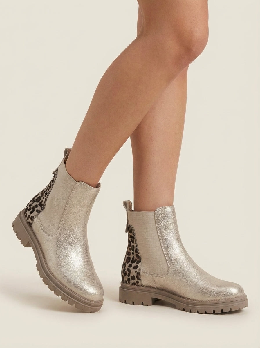 BRYNN | Gold Chelsea Boots with Leopard Heel – Wells & Rose