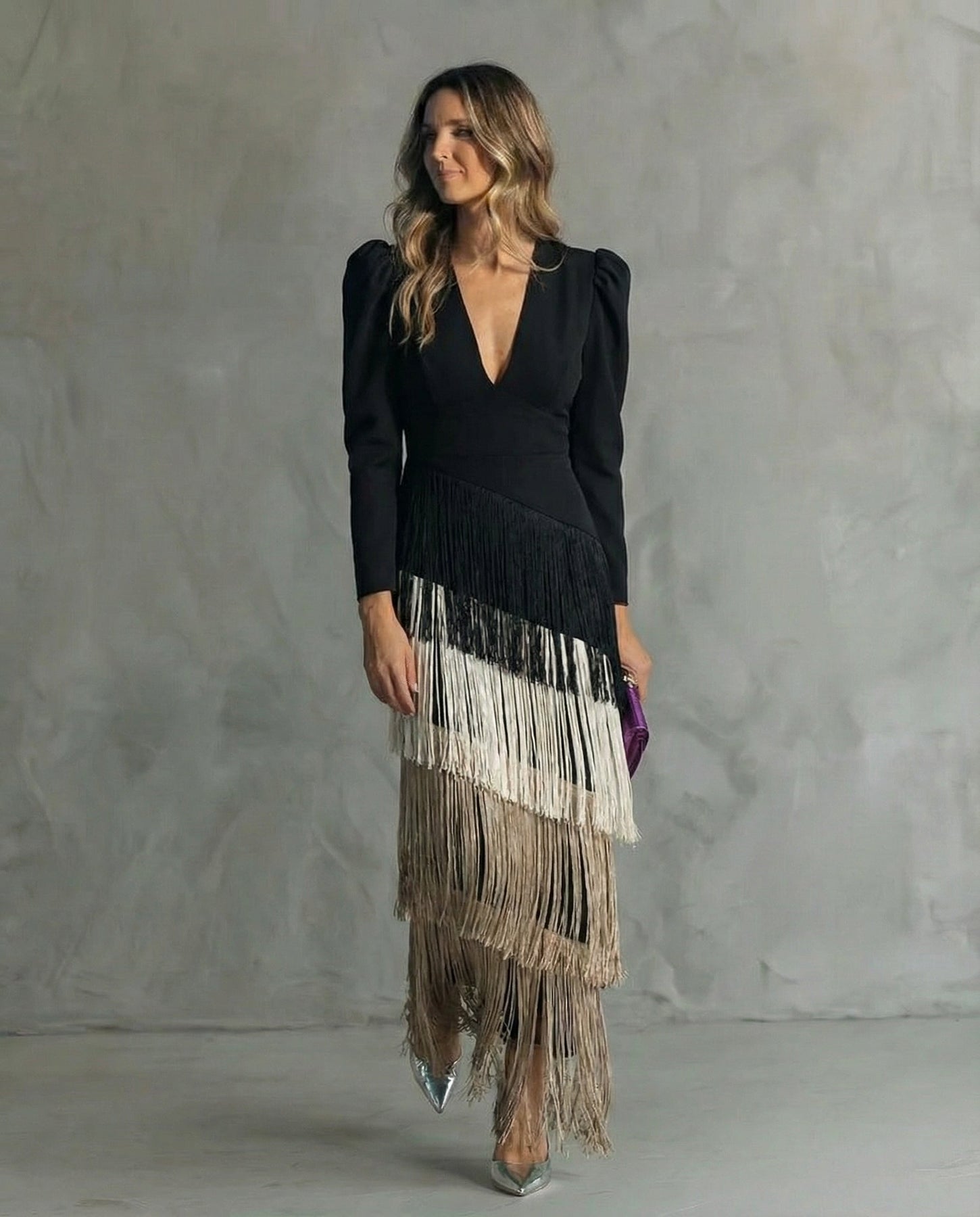 Elegant Fringe Sleeve Midi Dress