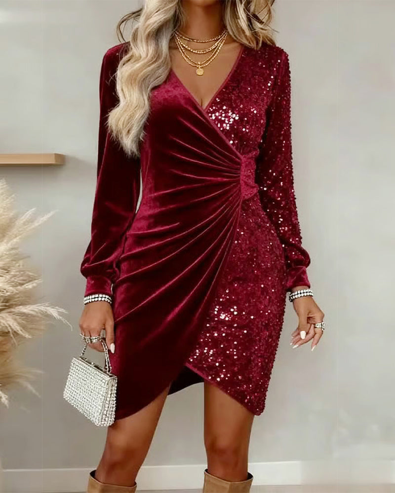 Shimmering V-Neck Wrap Midi Dress