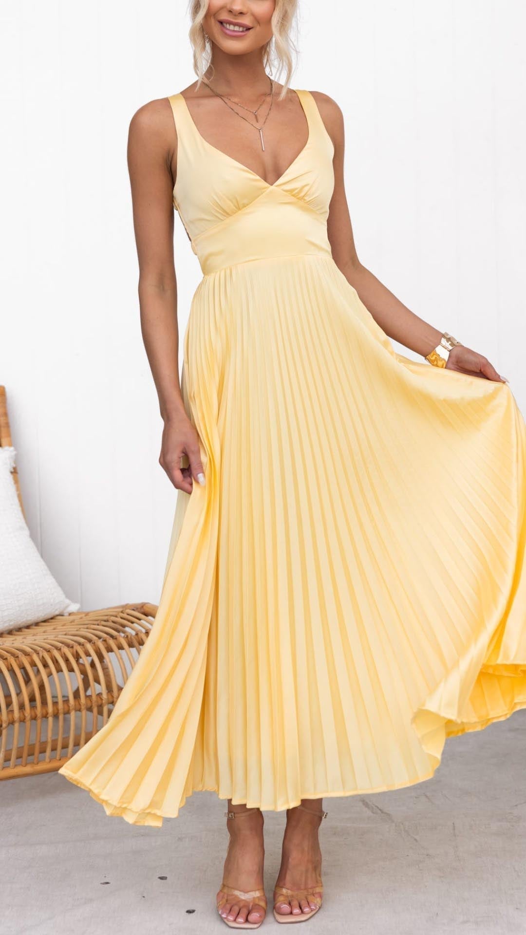 Ellis & Johnson™  | Pleated V-Neck Maxi Dress