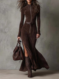 Mariel | Belted Zip-Front Long-Sleeve Maxi Dress for Women