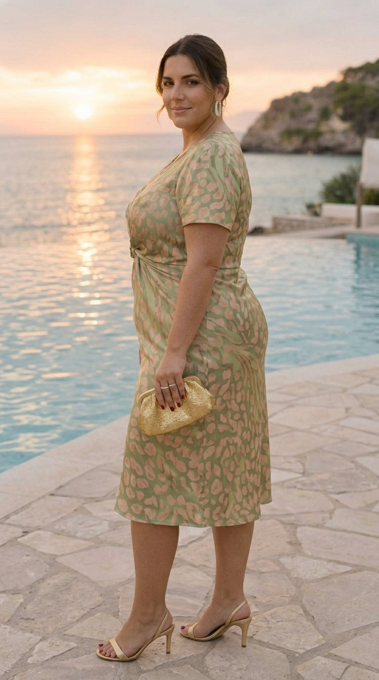 Midi dress with a slimming effect, central knot, and fluid fall