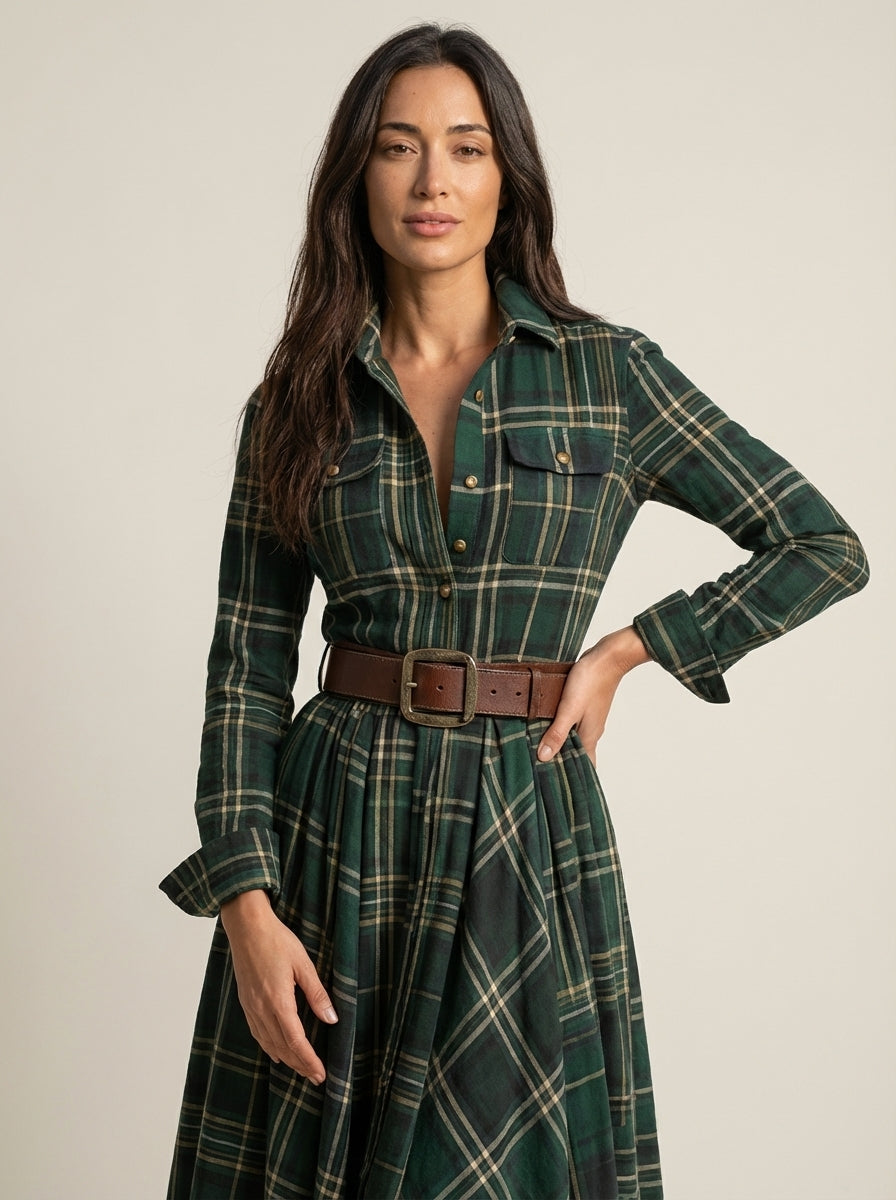 Beatriz - Long Checkered Dress with Belt