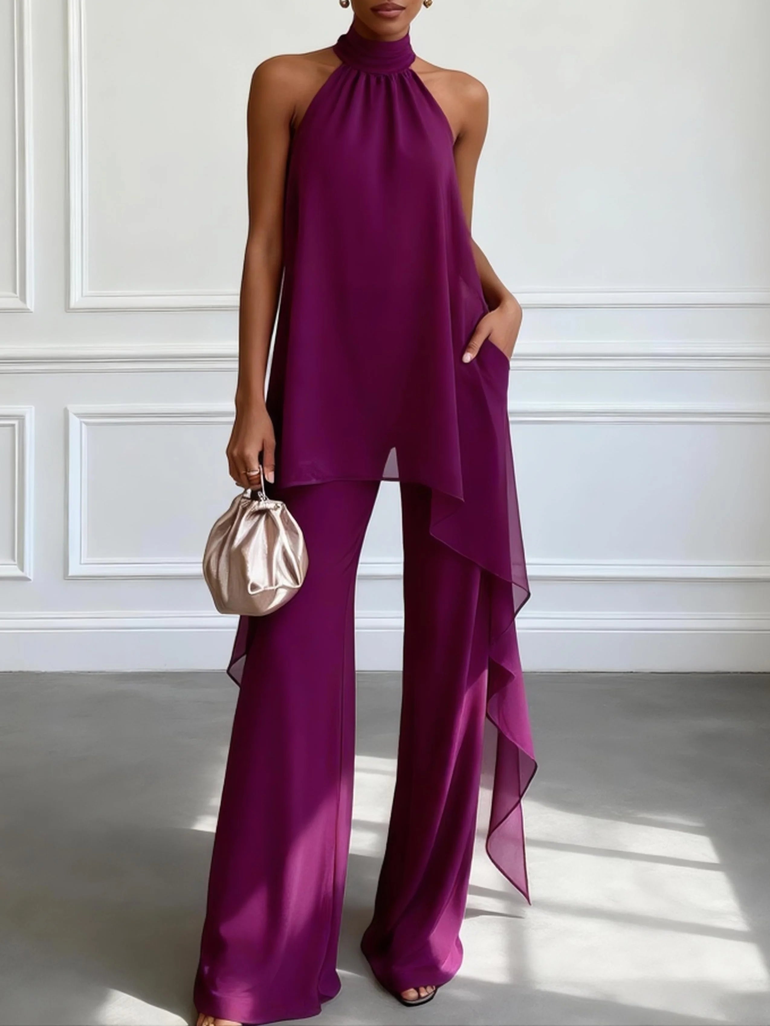 Nadia | Two-Piece Set, Chiffon Halter Top & Satin Wide-Leg Trousers