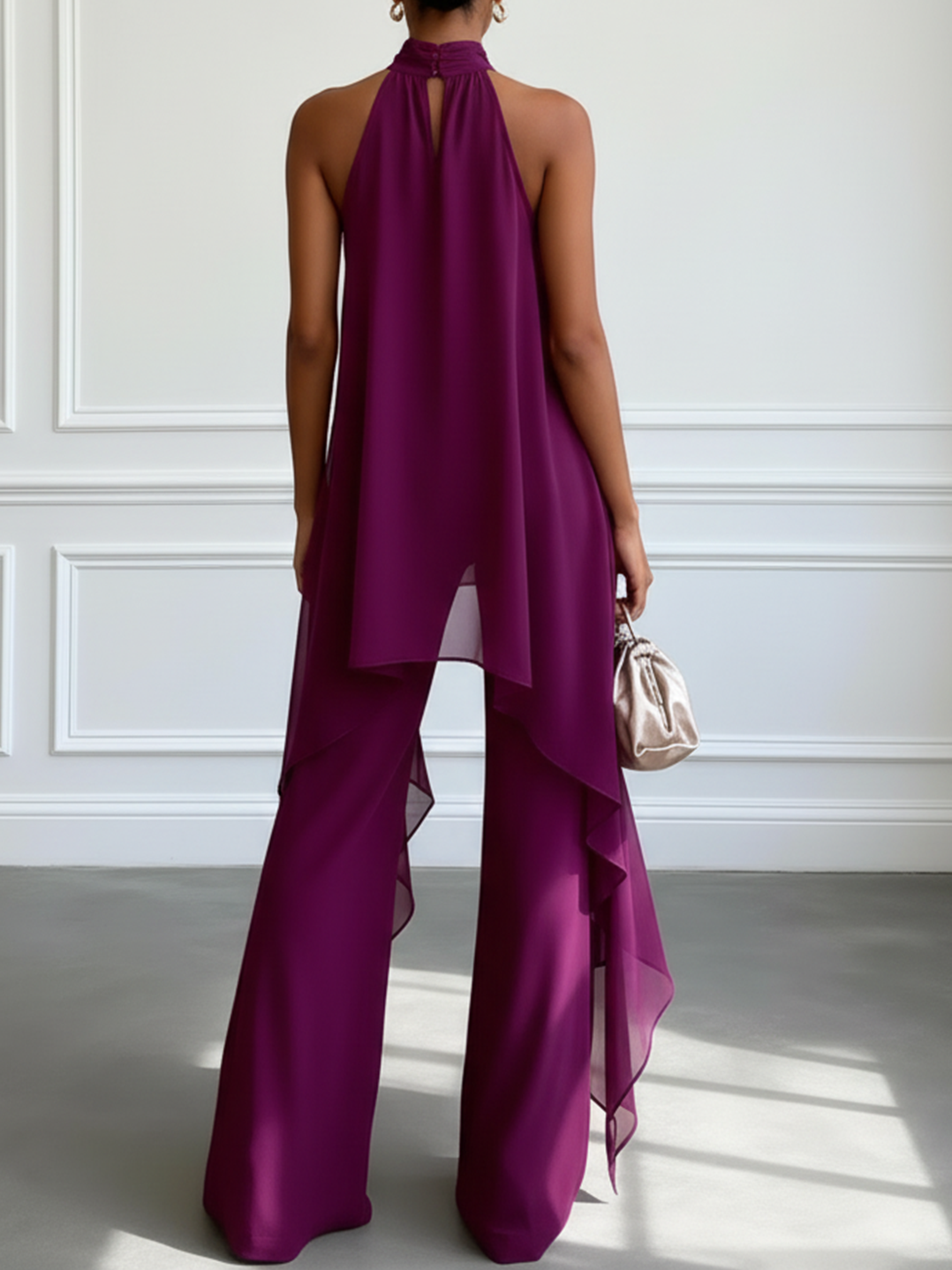 Nadia | Two-Piece Set, Chiffon Halter Top & Satin Wide-Leg Trousers