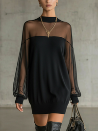 Domitille | Mini Black Dress, Transparent Mesh Sleeves, High Neck