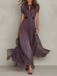 Flavia | Long purple dress with keyhole neckline, chiffon lace trim
