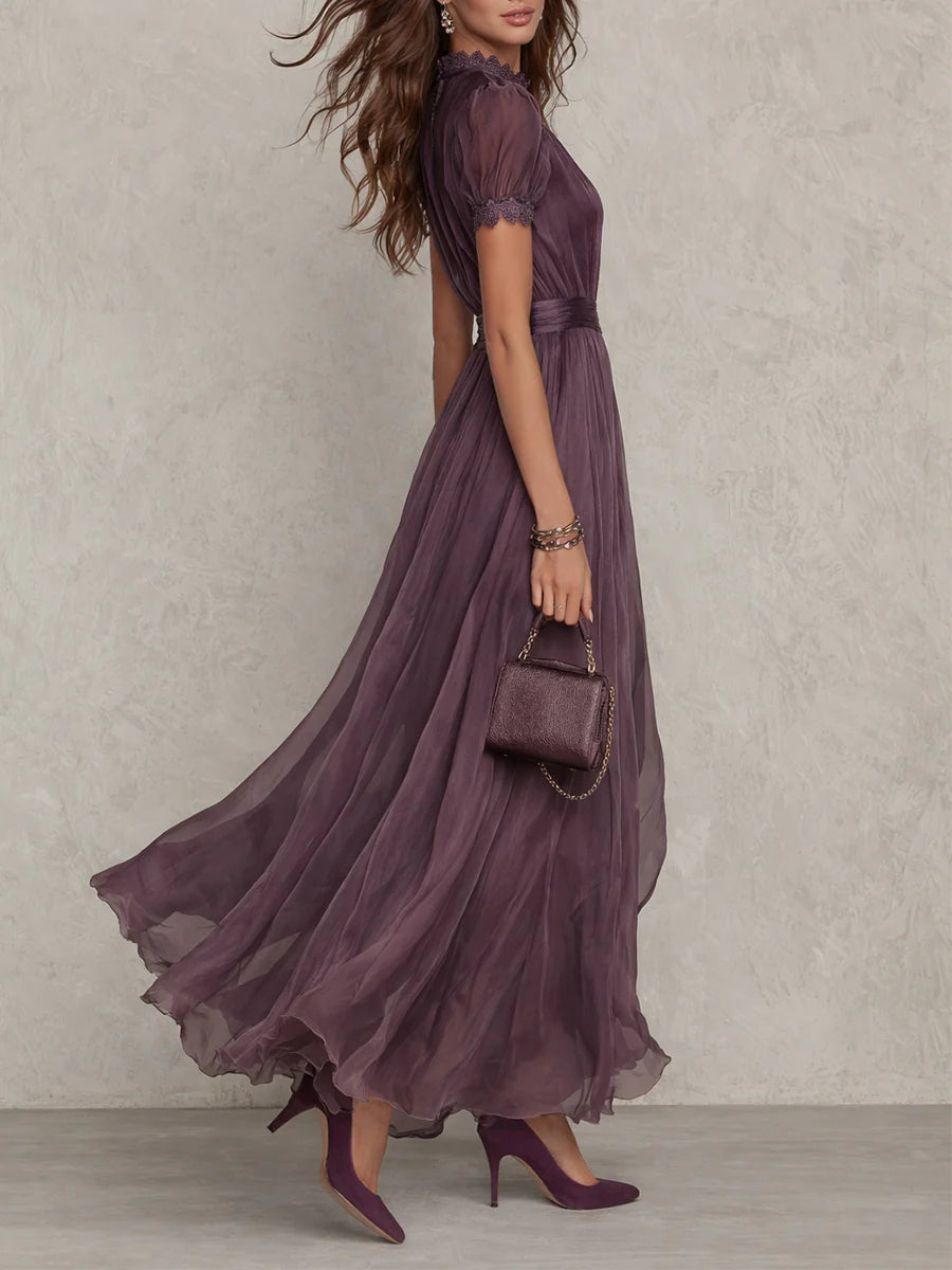 Flavia | Long purple dress with keyhole neckline, chiffon lace trim