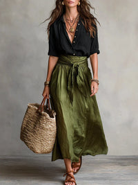 Elegant Two-Piece Set with Black Blouse and Midi Skirt