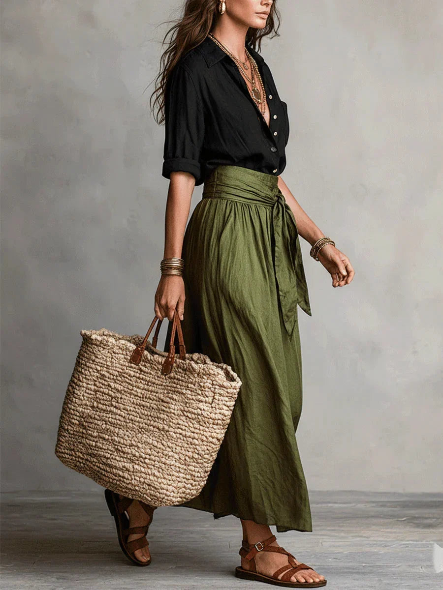 Elegant Two-Piece Set with Black Blouse and Midi Skirt