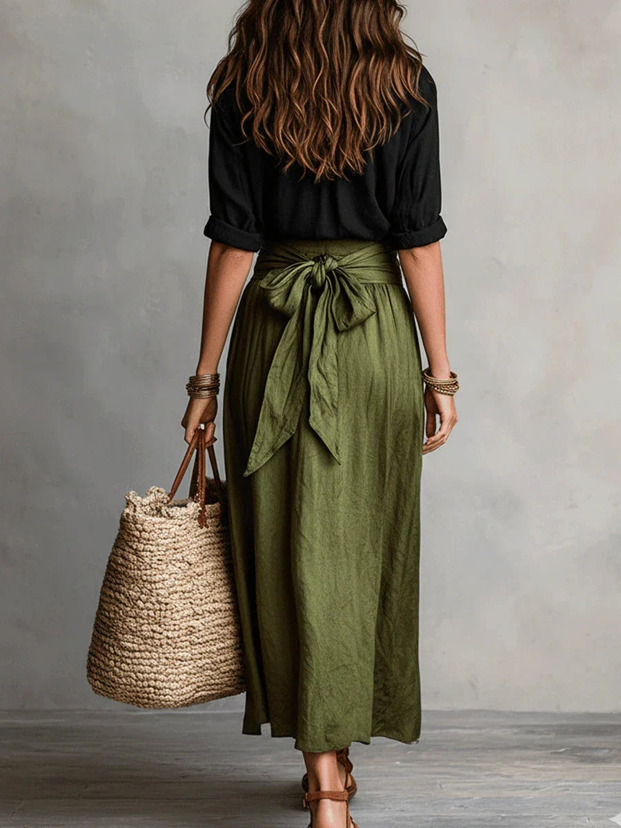 Elegant Two-Piece Set with Black Blouse and Midi Skirt