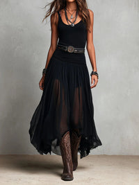 Black Sleeveless Tank Top With Tulle Skirt Maxi Dress (with belt)