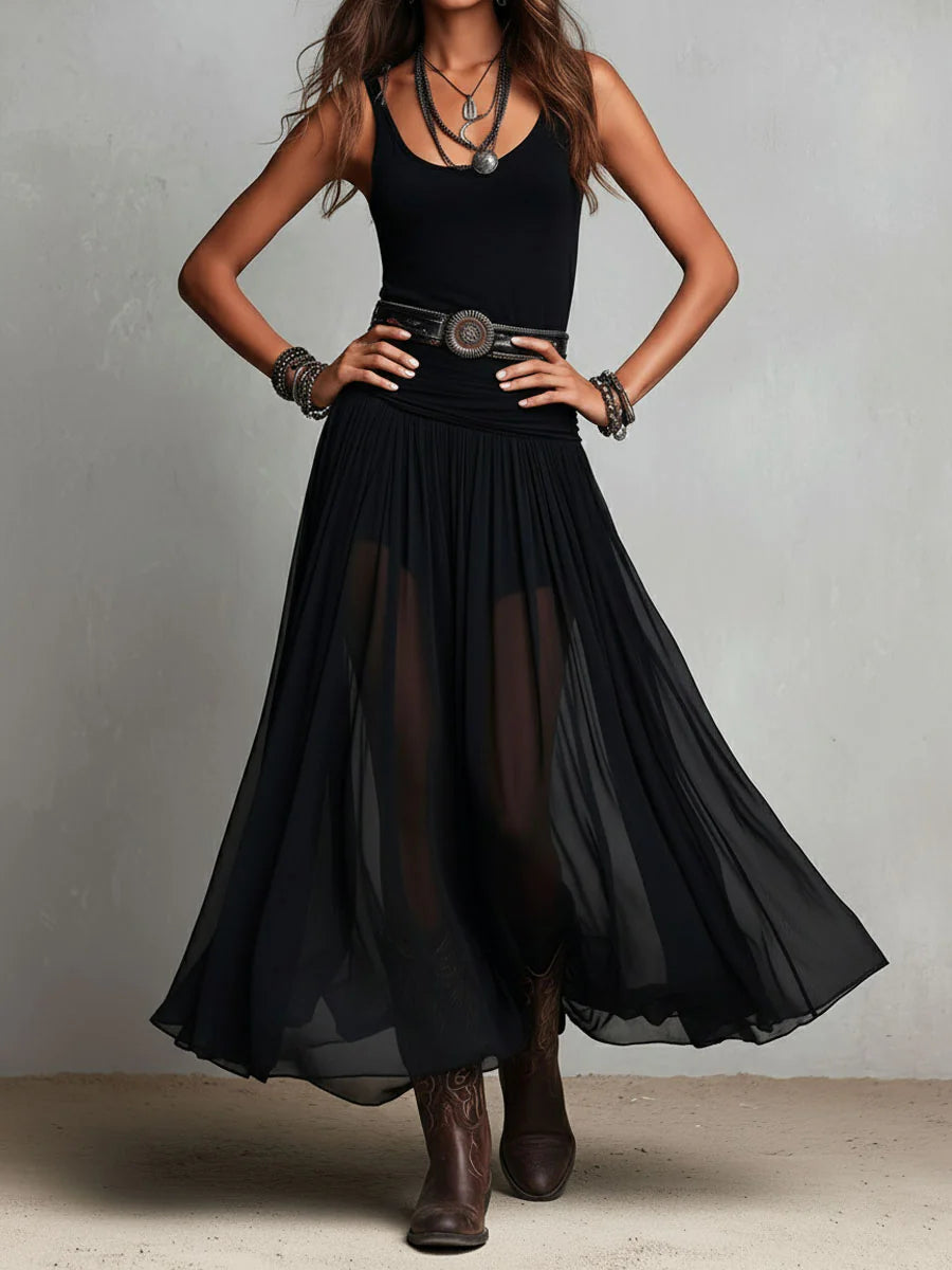 Black Sleeveless Tank Top With Tulle Skirt Maxi Dress (with belt)