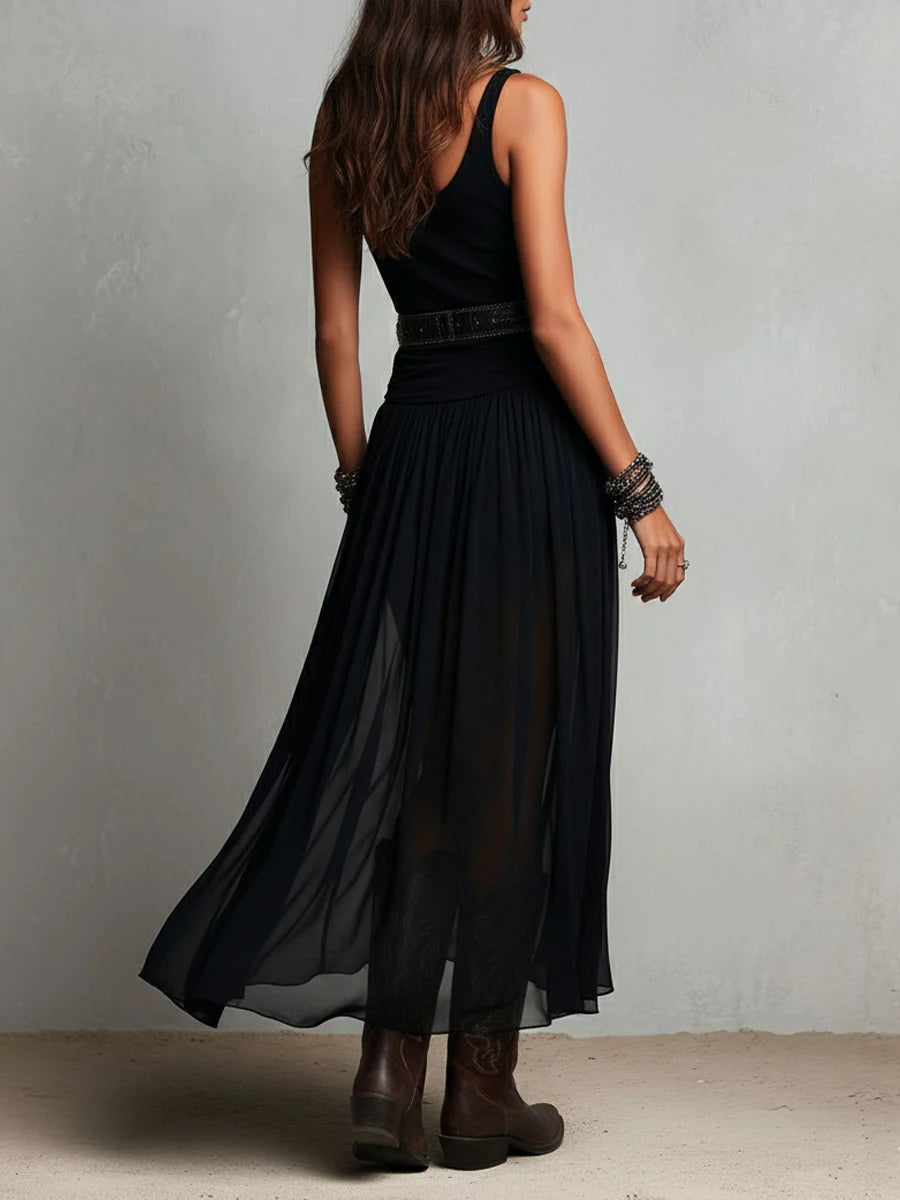 Black Sleeveless Tank Top With Tulle Skirt Maxi Dress (with belt)
