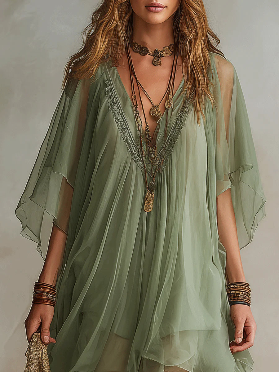 Emerald | Layered Mini Fluid Dress, V-Neck Green