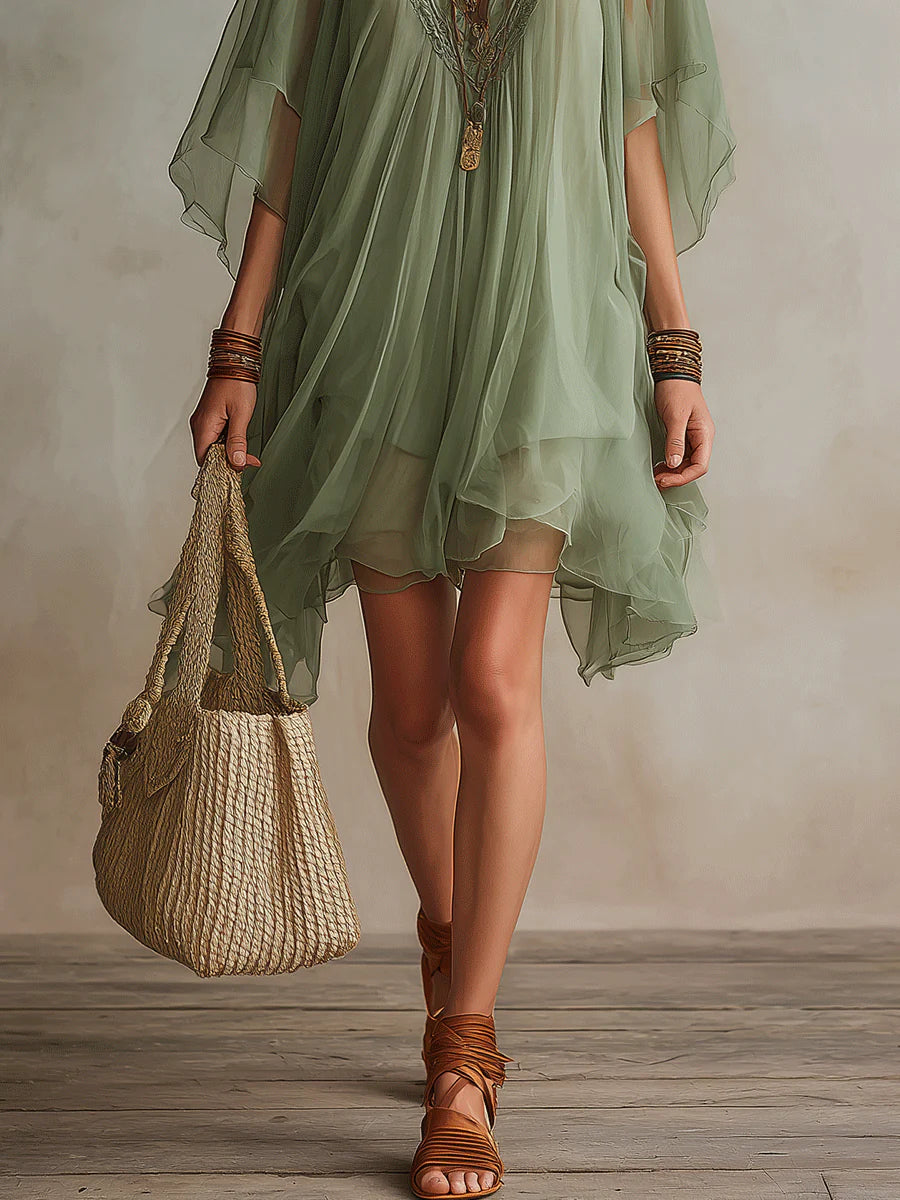 Emerald | Layered Mini Fluid Dress, V-Neck Green