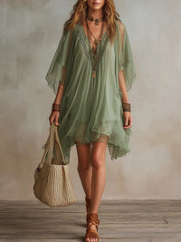 Emerald | Layered Mini Fluid Dress, V-Neck Green