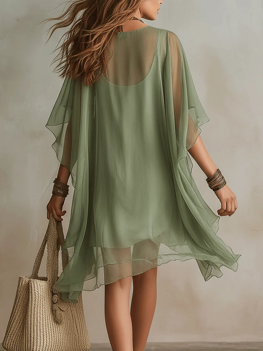 Emerald | Layered Mini Fluid Dress, V-Neck Green