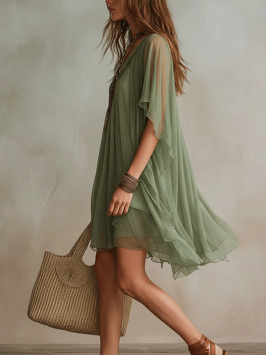 Emerald | Layered Mini Fluid Dress, V-Neck Green