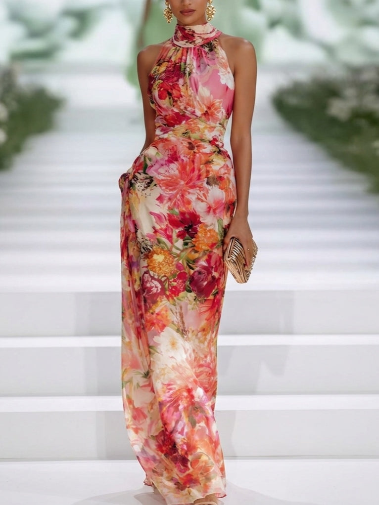 Elegant Red Chiffon Floral Halter-Neck Sleeveless Maxi Dress