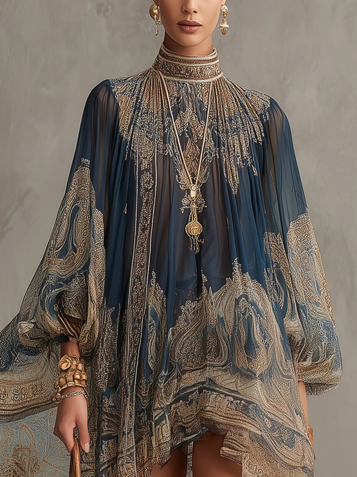 Bérénice | Mini Irregular Dress with Navy Blue Baroque Print, High Neck