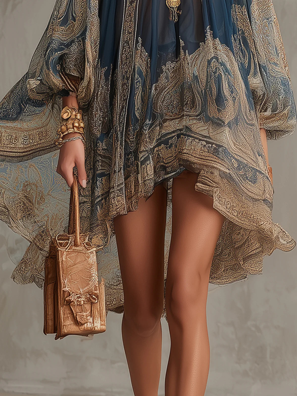 Bérénice | Asymmetrical Mini Dress in Navy Blue Chiffon with Baroque Print and High Collar