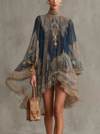 Bérénice | Mini Irregular Dress with Navy Blue Baroque Print, High Neck