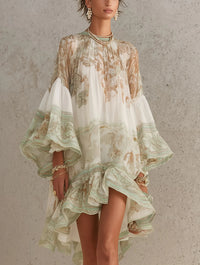 Rosalie | Mini Dress in Chiffon with Ruffled Sleeves and Green Striped Hem