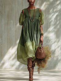 Green Chiffon Midi Dress with Off-Shoulder and Short Sleeves
