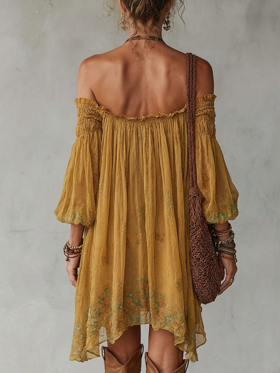 Daffodil | Mini Yellow Floral Dress, Off-Shoulder