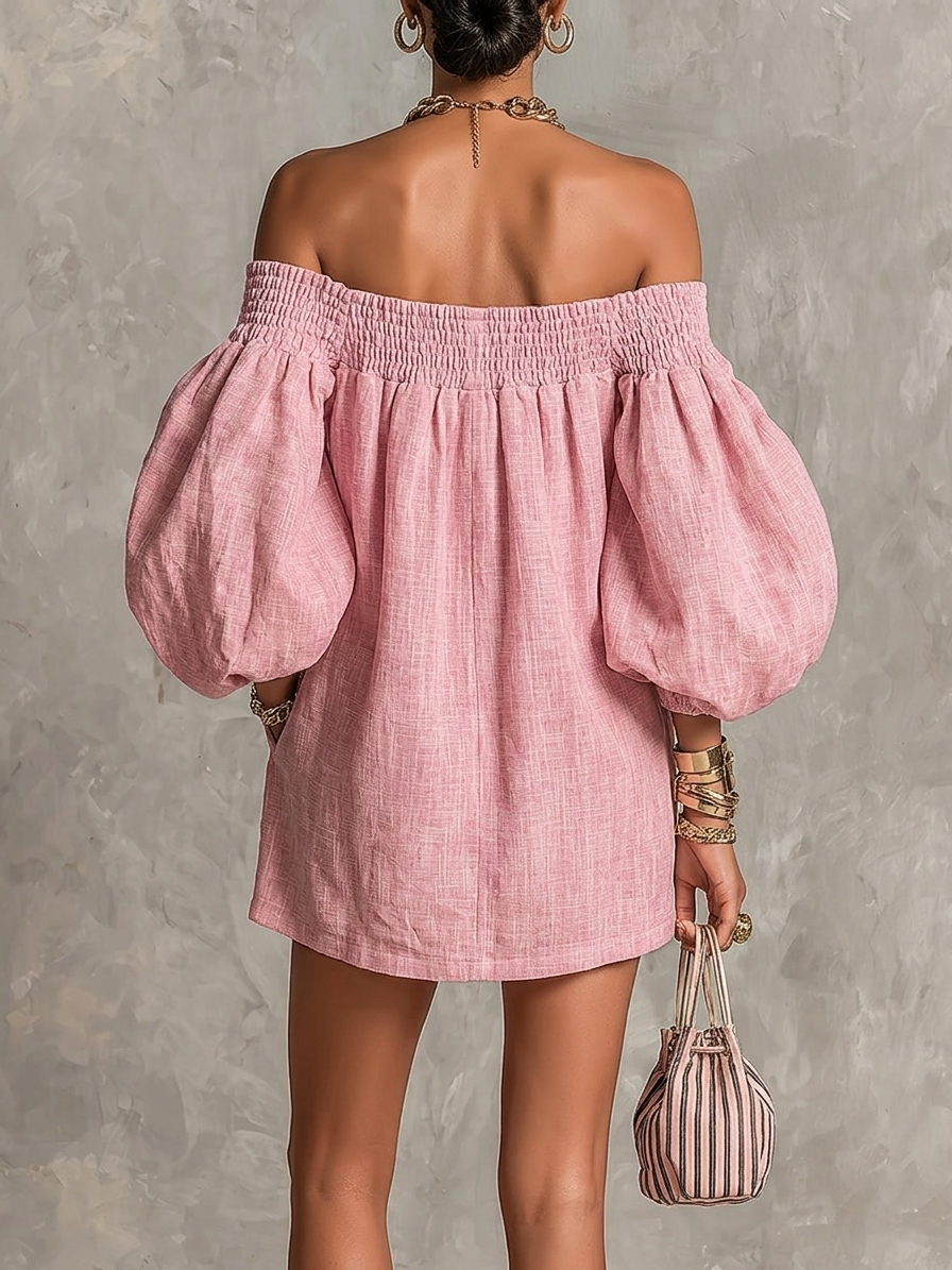 Rosabelle | Mini A-Line Dress, Lantern Sleeves, Off-Shoulder Pink