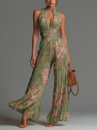 Green Floral Chiffon Jumpsuit with Sleeveless Design, Zipper, and Wide Leg Pleats