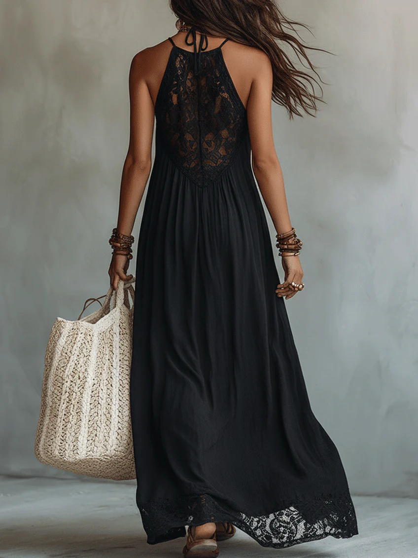 Bohemian Black Sleeveless Lace-Trimmed Maxi Dress