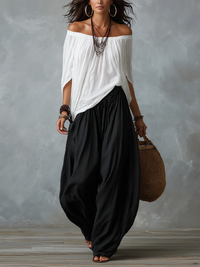 White Off-the-shoulder Top And Loose-fitting Lantern Pants Set