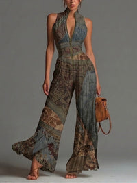 Sleeveless Chiffon Jumpsuit with Bohemian Ethnic Print, Zip, and Pleated Wide Leg Pants