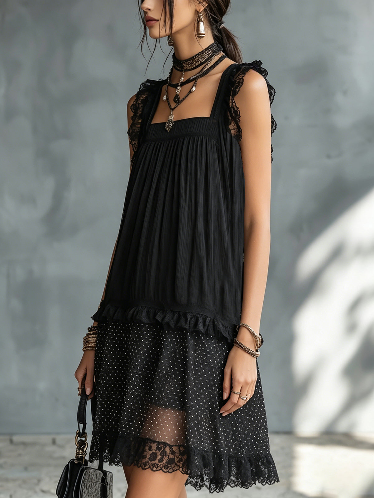 Delphy | Mini Transparent Dress with Polka Dots and Black Lace