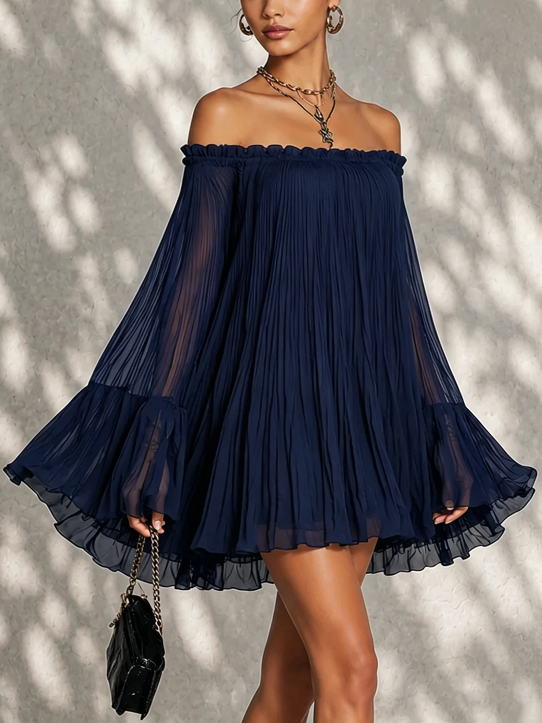 Ondine | Mini Dress with Bell Sleeves, Ruffles, Off-the-Shoulder